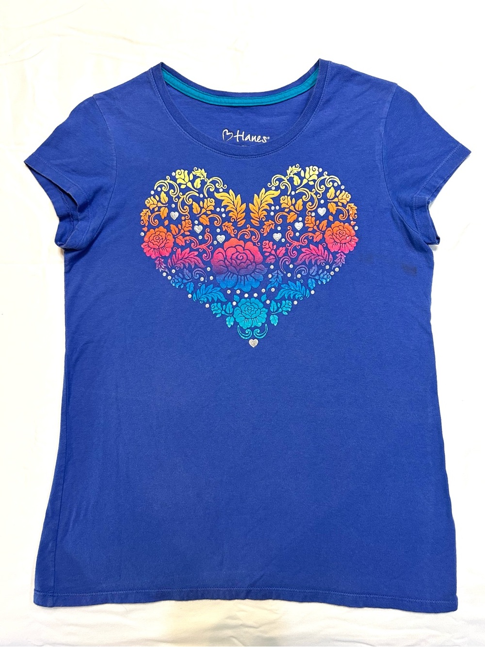 Hanes Blue Tee with Floral Ombré Heart